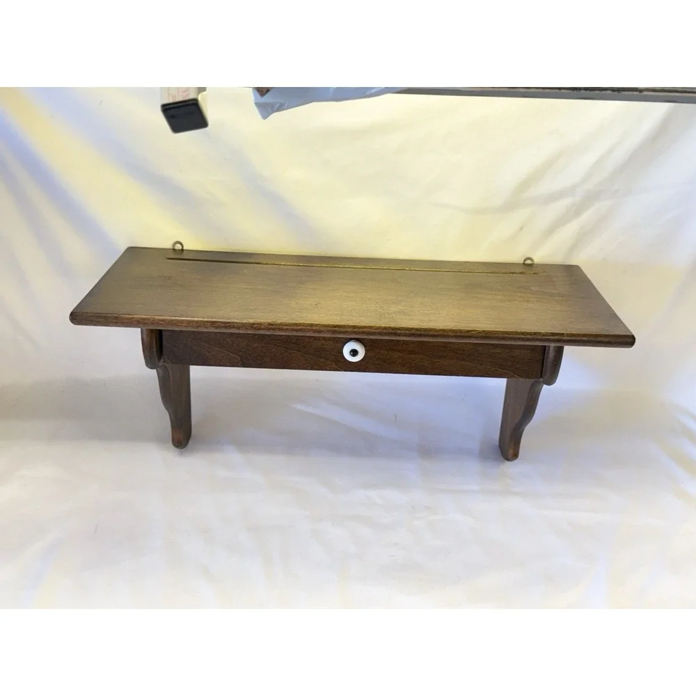 Vintage Rustic Brown Wood Shelf With Drawer And Plate Groove 18